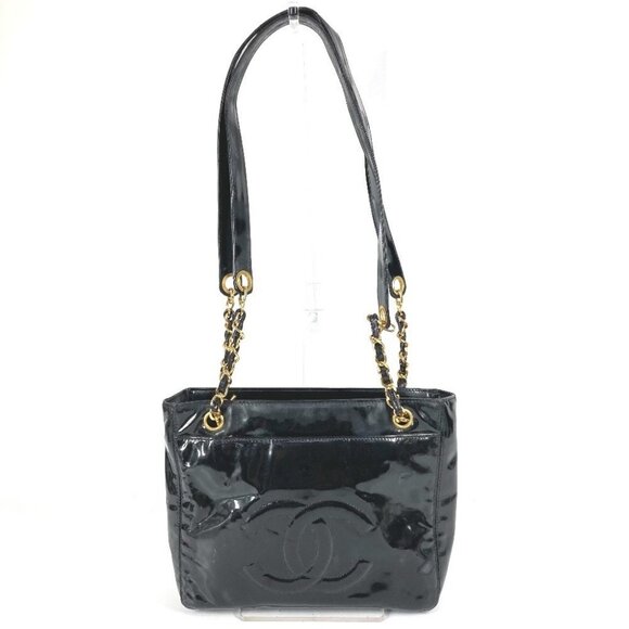 CHANEL A08036 CC CC Mark logo Tote Bag Chain Shoulder Bag enamel Black/Gold - Picture 2 of 16
